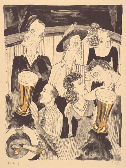 Artist: b'Hay, Bill.' | Title: b'Snobs at the bar' | Date: 1989, June - August | Technique: b'lithograph, printed in black ink, from one stone; hand-coloured'