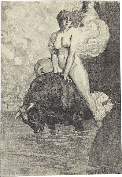 Artist: b'LINDSAY, Norman' | Title: b'Europa riding westward on her bull' | Date: c.1907 | Technique: b'lithograph, printed in black ink, from one stone'