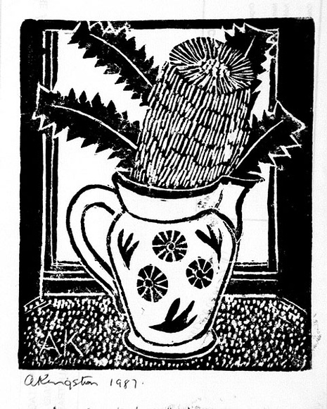 Artist: b'Kingston, Amie.' | Title: b'Birthday card for Jocelyn: Jug of banksia flowers' | Date: 1987 | Technique: b'linocut, printed in black ink, from one block'