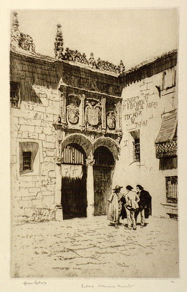 Artist: b'LINDSAY, Lionel' | Title: b'Facade of the Institute, Salamanca University' | Date: 1934 | Technique: b'etching and foul-bite, printed in black ink with plate-tone, from one copper plate' | Copyright: b'Courtesy of the National Library of Australia'