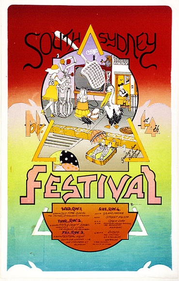 Artist: b'EARTHWORKS POSTER COLLECTIVE' | Title: b'South Sydney Festival [1978].' | Date: 1978 | Technique: b'screenprint, printed in colour, from multiple stencils'