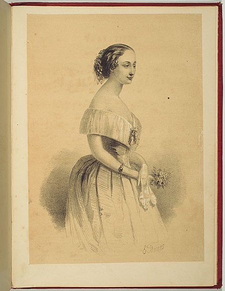 Artist: b'Thomas, Edmund.' | Title: b'not titled [portrait of Miss Catherine Hayes].' | Date: 1857 | Technique: b'lithograph, printed in colour, from two stones (black ink with buff tint)'