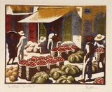 Artist: b'Hawkins, Weaver.' | Title: b'Maltese market' | Date: c.1930 | Technique: b'linocut, printed in colour, from multiple blocks' | Copyright: b'The Estate of H.F Weaver Hawkins'
