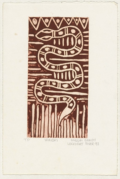 Artist: b'Sandy, Evelyn.' | Title: b'Yangki' | Date: 1997, December | Technique: b'etching and aquatint, printed in brown ink, from one plate'