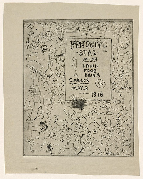 Artist: Brodzky, Horace. | Title: (Invitation: Carlos's stag night, Penguin Club, May 3, 1918). | Date: 1918 | Technique: etching and drypoint, printed in black ink, from one plate