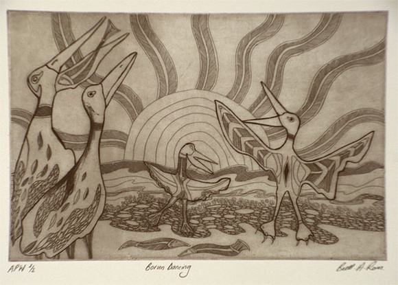 Artist: b'Ross, Brett A.' | Title: b'Borun dancing (4 birds)' | Date: 1999, May | Technique: b'etching, printed in black ink, from one plate'