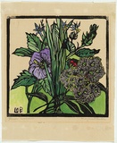 Artist: PRESTON, Margaret | Title: Native hibiscus and gum flowers | Date: 1936 | Technique: woodcut, printed in black ink, from one block; hand-coloured | Copyright: © Margaret Preston. Licensed by VISCOPY, Australia