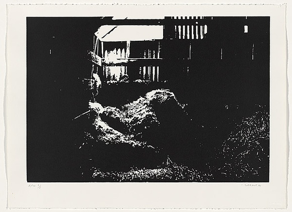 Artist: b'Durrant, Ivan.' | Title: b'not titled [bales of hay in a dark shed]' | Date: 1990 | Technique: b'screenprint, printed in black ink, from one photo-stencil'