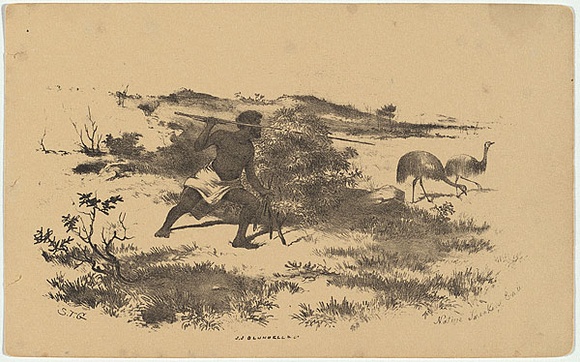 Artist: b'GILL, S.T.' | Title: b'Native sneaking emu.' | Date: 1855-56 | Technique: b'lithograph, printed in black ink, from one stone'