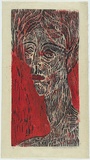 Artist: b'HANRAHAN, Barbara' | Title: b'not titled [portrait of a woman].' | Date: 1962 | Technique: b'woodcut, printed in colour, from two blocks'