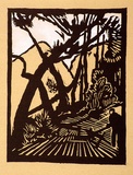 Artist: Stephen, Clive. | Title: (Woodcutter in forest) | Date: c.1948 | Technique: linocut, printed in black ink, from one block; hand-coloured
