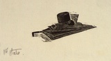 Artist: b'OGILVIE, Helen' | Title: b'(Hat and umbrella)' | Date: 1947 | Technique: b'wood-engraving, printed in black ink, from one block'