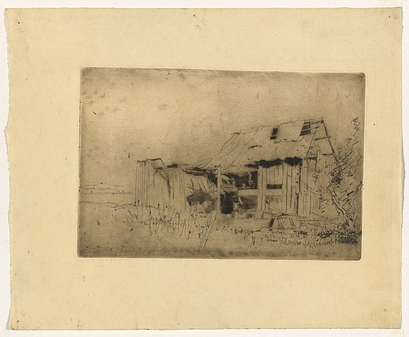 Artist: b'LONG, Sydney' | Title: b'The old hut.' | Date: 1922 | Technique: b'drypoint, printed in black ink, from one plate; with pencil additions' | Copyright: b'Reproduced with the kind permission of the Ophthalmic Research Institute of Australia'