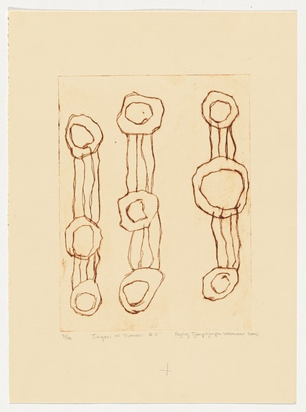 Artist: b'Tjampitjinpa Wamaar, Pegleg.' | Title: b'Tingari at Yumari #3' | Date: 2004 | Technique: b'drypoint etching, printed in brown ink, from one perspex plate'