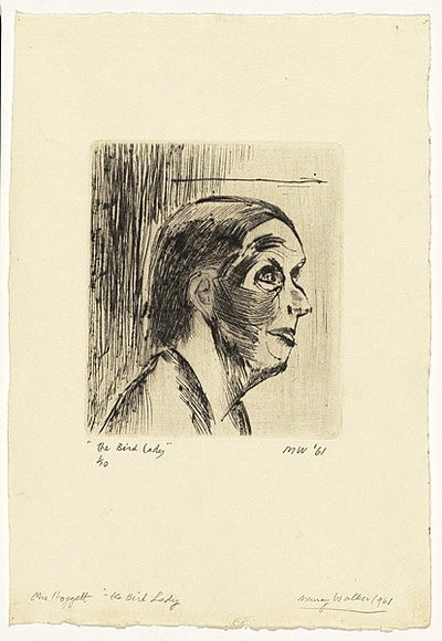 Artist: b'WALKER, Murray' | Title: b'Mrs Hoggett the bird lady' | Date: 1961 | Technique: b'drypoint, printed in black ink, from one plate'