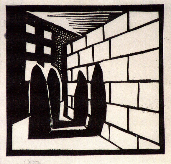 Artist: b'Barwell, Geoff.' | Title: b'(The courtyard).' | Date: (1955) | Technique: b'linocut, printed in black ink, from one block'