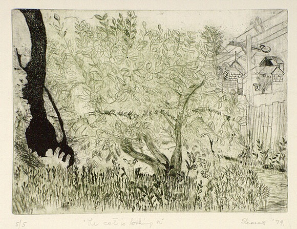 Artist: b'Shearer, Mitzi.' | Title: b'The cat is looking on' | Date: 1979 | Technique: b'etching, printed in black and green ink, from one  plate'