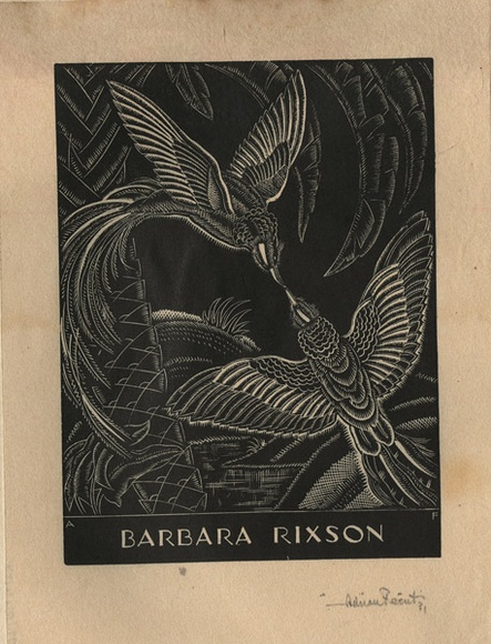 Artist: b'FEINT, Adrian' | Title: b'Bookplate: Barbara Rixson.' | Date: 1931 | Technique: b'wood-engraving, printed in black ink, from one block' | Copyright: b'Courtesy the Estate of Adrian Feint'