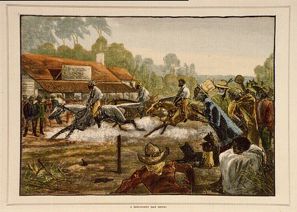 Artist: b'Carrington, Tom.' | Title: b'A back-country race meeting.' | Date: (1881) | Technique: b'wood-engraving, printed in black ink, from one block; hand-coloured'