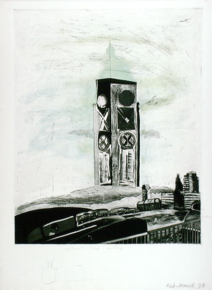 Artist: b'Moore, Mary.' | Title: b'Oxo Tower, outside Blackfriars, London' | Date: 1980, Feb-Mar | Technique: b'etching, aquatint and roulette printed in black ink, from one plate; lithograph, printed in colour, from two plates with pencil' | Copyright: b'\xc2\xa9 Mary Moore'