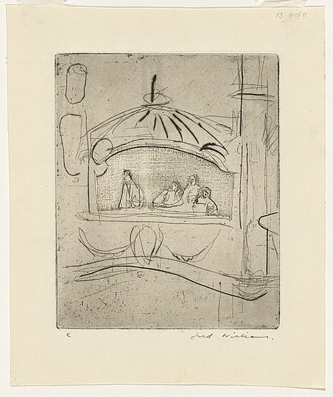 Artist: b'WILLIAMS, Fred' | Title: b'Chelsea Palace' | Date: 1955-56 | Technique: b'burnished etching, aquatint, drypoint, engraving, printed in black ink, from one copper plate' | Copyright: b'\xc2\xa9 Fred Williams Estate'