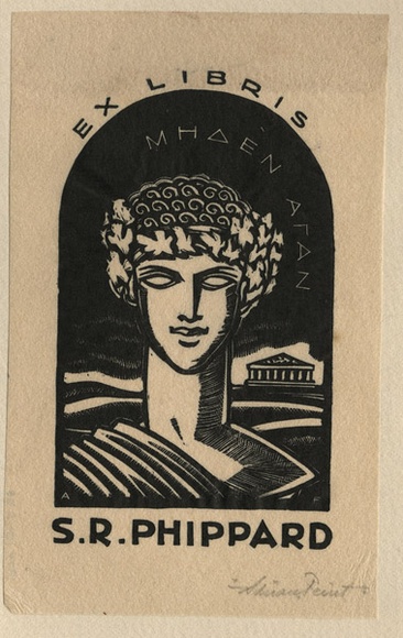 Artist: b'FEINT, Adrian' | Title: b'Bookplate: S.R. Phippard.' | Date: 1929 | Technique: b'wood-engraving, printed in black ink, from one block' | Copyright: b'Courtesy the Estate of Adrian Feint'