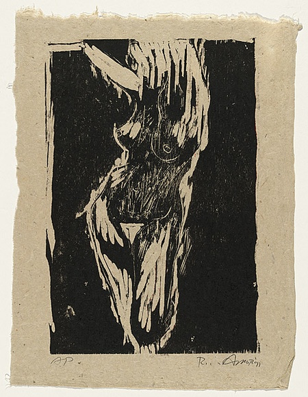 Artist: b'AMOR, Rick' | Title: b'Not titled (standing nude).' | Date: 1991 | Technique: b'woodcut, printed in black and red ink, from two blocks'