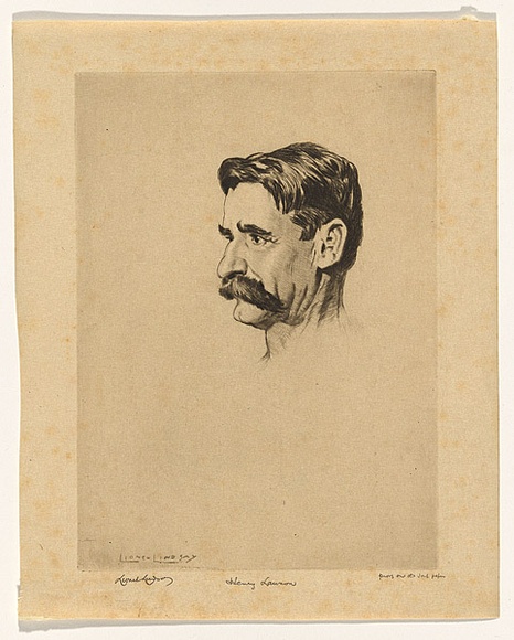 Artist: b'LINDSAY, Lionel' | Title: b'Henry Lawson' | Date: 1919 | Technique: b'drypoint, printed in brown ink with plate-tone, from one plate' | Copyright: b'Courtesy of the National Library of Australia'