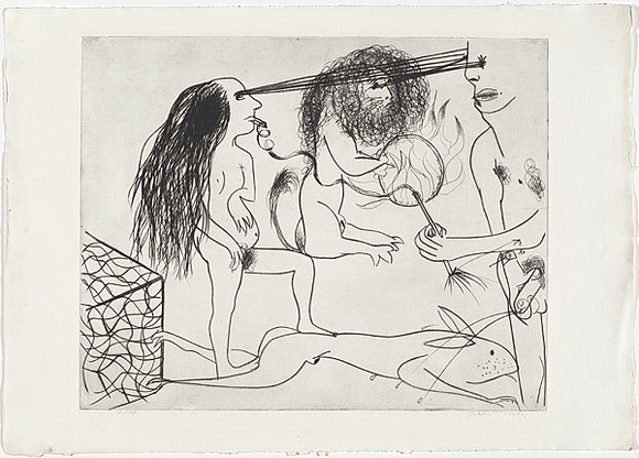 Artist: b'BOYD, Arthur' | Title: b'Nude figures with lion (lion tamer).' | Date: (1968-69) | Technique: b'etching, printed in black ink, from one plate' | Copyright: b'Reproduced with permission of Bundanon Trust'