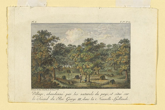 Title: b'Village, abandone par les naturels du pays, et situe sur le Sound du Roi George III, dans la Nouvelle-Hollande. [Village, abandoned by the natives, located on King George III Sound in New Holland.]' | Date: 1802 | Technique: b'engraving, printed in black ink, from one copper plate; hand-coloured at a later date'