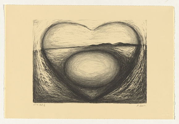 Artist: b'Evans, Megan.' | Title: b'not titled [landscape, heart with egg shaped form inside]' | Date: 1989 | Technique: b'lithograph, printed in black ink, from one stone' | Copyright: b'\xc2\xa9 Megan Evans. Licensed by VISCOPY, Australia'