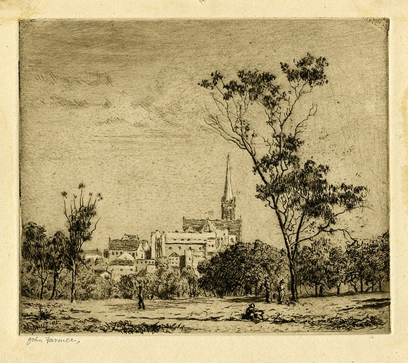 Artist: Farmer, John. | Title: View from Yarra Park. | Date: c.1956 | Technique: etching, printed in brown ink with plate-tone, from one plate