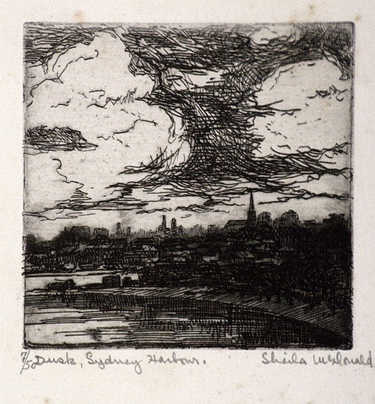 Artist: b'McDonald, Sheila.' | Title: b'Dusk, Sydney Harbour' | Date: c.1932 | Technique: b'etching printed with plate-tone'