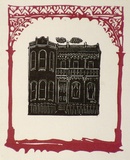 Artist: OGILVIE, Helen | Title: not titled [Facade of two storeyed Victorian house - a design used for catalogue covers/ invitations for the artist's exhibition] | Date: c.1942 | Technique: wood-engraving and linoct, printed in colour