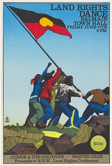 Artist: b'EARTHWORKS POSTER COLLECTIVE' | Title: b'Land Rights dance. Balmain Town Hall' | Date: 1977 | Technique: b'screenprint, printed in colour, from four stencils'