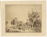 Artist: b'LINDSAY, Lionel' | Title: b'Droving' | Date: c.1942 | Technique: b'etching, printed in warm black ink, from one plate' | Copyright: b'Courtesy of the National Library of Australia'