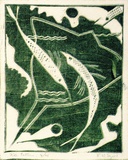 Artist: b'Syme, Eveline' | Title: b'Fish pattern' | Date: 1958 | Technique: b'linocut, printed in colour, from one block (emerald and dark blue)'