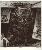 Artist: b'Ralph, Timothy' | Title: b'Unbabel' | Date: 1987 | Technique: b'etching and aquatint, printed in black ink with plate-tone, from one plate' | Copyright: b'\xc2\xa9 Timothy Ralph. Licensed by VISCOPY, Australia'