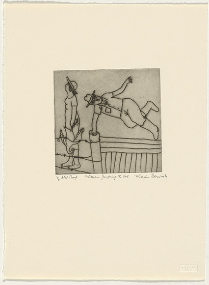 Artist: b'Robinson, William.' | Title: b'William jumping the gate' | Date: 1990 | Technique: b'etching, printed in black ink, with plate-tone, from one plate'