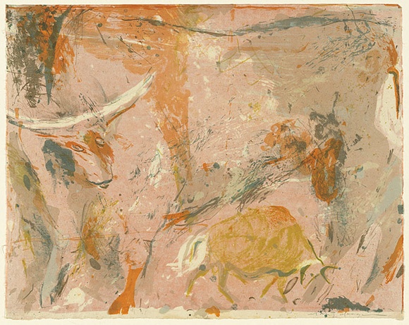 Artist: b'MACQUEEN, Mary' | Title: b'Banteng' | Date: c.1973 | Technique: b'lithograph, printed in colour on recto and verso, from multiple plates' | Copyright: b'Courtesy Paulette Calhoun, for the estate of Mary Macqueen'