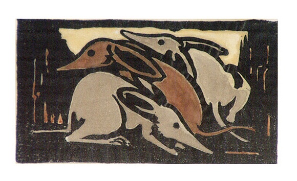 Artist: b'Stephen, Clive.' | Title: b'(Three Rodents)' | Date: c.1948 | Technique: b'linocut, printed in colour, from multiple blocks'