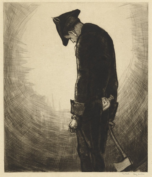 Title: b'not titled [man with axe and bottle og gin in pocket]' | Date: 1930s | Technique: b'drypoint, printed in black ink, from one plate'