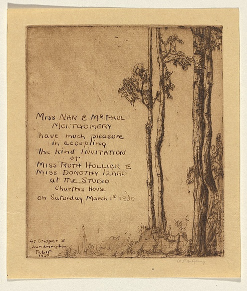 Artist: b'Montgomery, Anne.' | Title: b'Not titled [tall trees invitation acceptance].' | Date: 1930 | Technique: b'etching, printed in brown ink with plate-tone, from one plate'