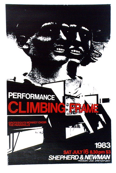 Artist: b'MERD INTERNATIONAL' | Title: b'Poster: Performance, Climbing frame Sat July 16' | Date: 1984 | Technique: b'screenprint'
