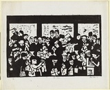 Artist: b'Allen, Joyce.' | Title: b'The sale.' | Date: 1964 | Technique: b'linocut, printed in black ink, from one block'