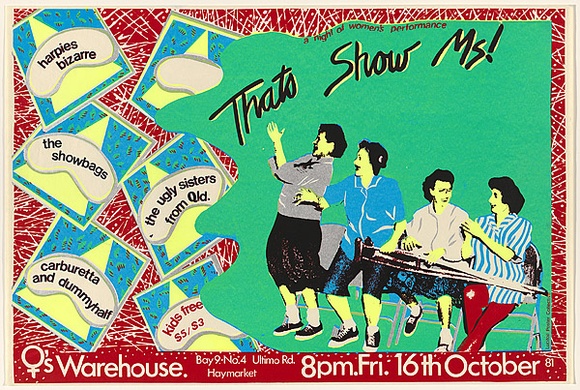 Artist: b'Fieldsend, Jan.' | Title: bThat's Show Ms! - a night of women's performance. | Date: 1961, October | Technique: b'screenprint, printed in colour, from five stencils'