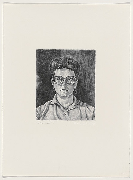 Artist: b'Thomas, David.' | Title: b'not titled [woman with glasses]' | Date: 1986 | Technique: b'lithograph, printed in black ink, from one stone'