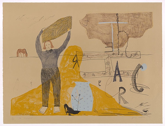 Artist: b'Watson, Jenny.' | Title: b'The haycarter' | Date: 1990 | Technique: b'lithograph, printed in colour, from multiple stones and plates' | Copyright: b'\xc2\xa9 Jenny Watson. Licensed by VISCOPY, Australia, 2008.'