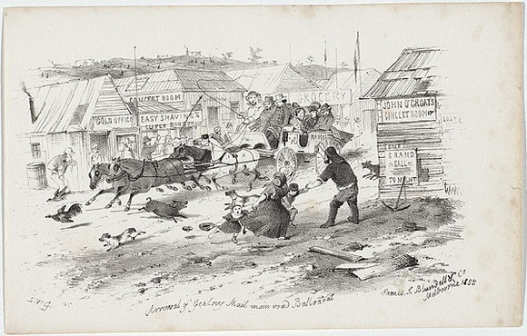 Artist: b'GILL, S.T.' | Title: b'Arrival of Geelong mail, main road, Ballarat.' | Date: 1855-56 | Technique: b'lithograph, printed in black ink, from one stone'