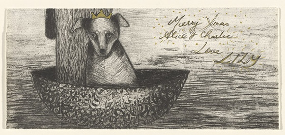 Artist: b'Perrow, Deborah.' | Title: b'Merry Xmas Alice & Charlie' | Date: 2000 | Technique: b'etching, printed in black ink, from one plate; hand coloured in gold ink'